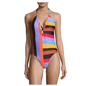 NWT Mara Hoffman Women's Aya Plunge Stripe Swimsuit In Black Multi